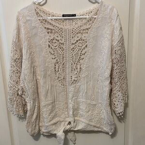 Elegant Cream Colored Crochet Lace Tie-Front Blouse